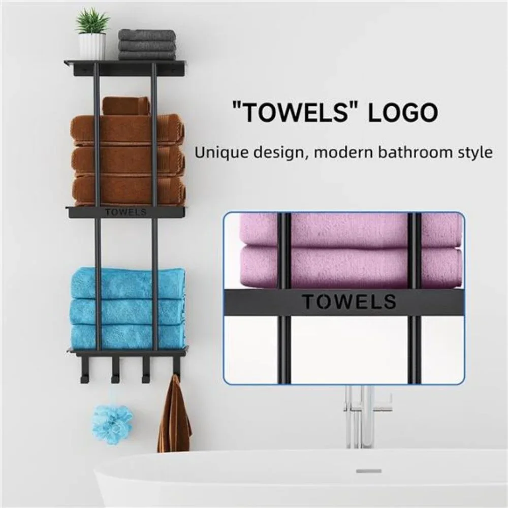 Bathroom Towel Rack w/ Shelf, 3 Tier Towel Storage Rack  Wall Mounted w/ 4 Hooks